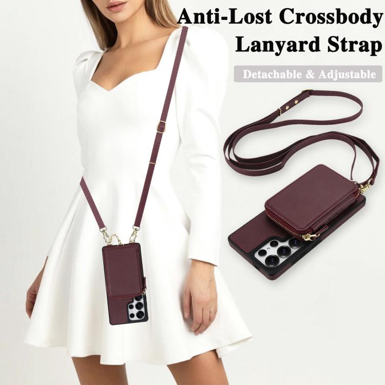 For Samsung Galaxy S25 Ultra 5G AwQuer 2 in 1 Crossbody Zipper Wallet Leather Back Phone Case