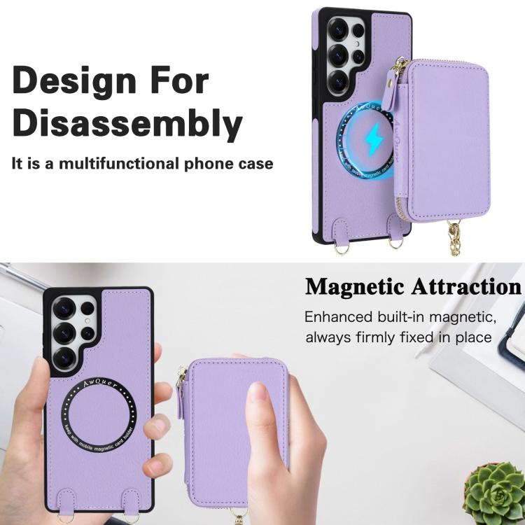 For Samsung Galaxy S25 Ultra 5G AwQuer 2 in 1 Crossbody Zipper Wallet Leather Back Phone Case