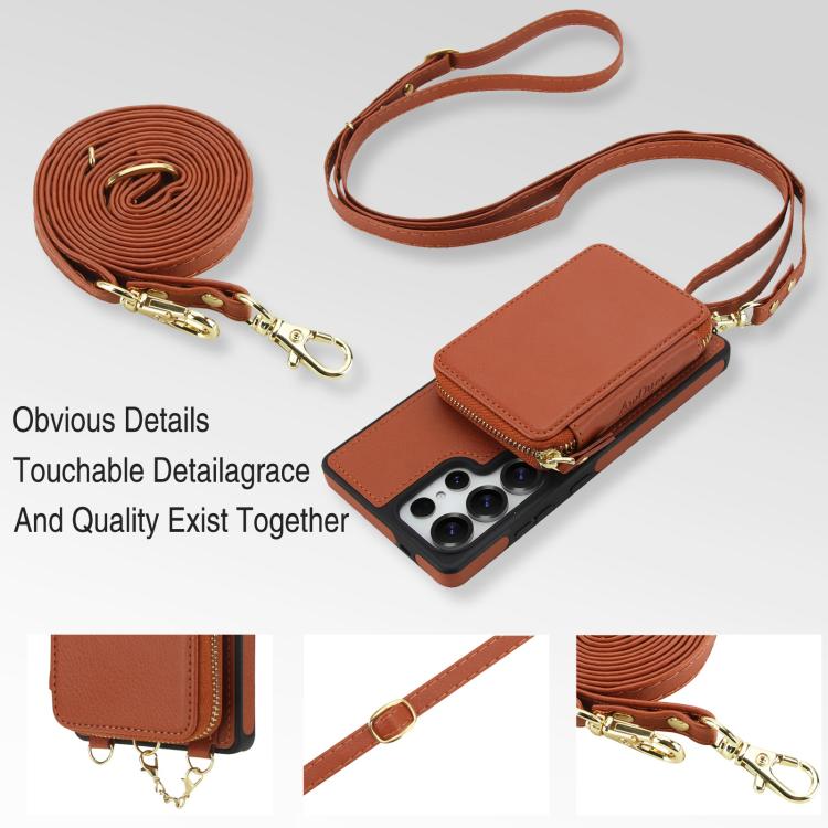 For Samsung Galaxy S25 Ultra 5G AwQuer 2 in 1 Crossbody Zipper Wallet Leather Back Phone Case