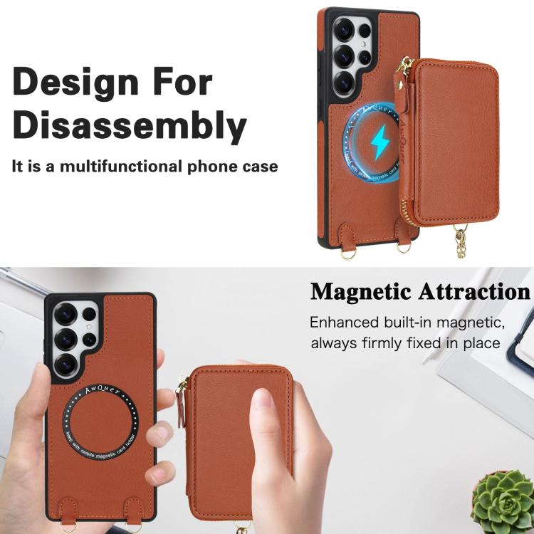 For Samsung Galaxy S25 Ultra 5G AwQuer 2 in 1 Crossbody Zipper Wallet Leather Back Phone Case