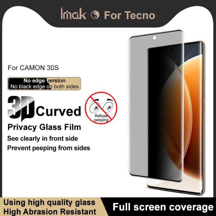 For Tecno Camon 30S imak No Edge Version 3D Curved Privacy Full Screen Tempered Glass Film