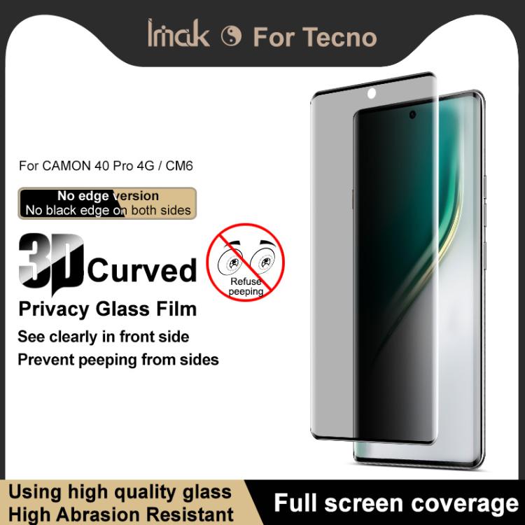 For Tecno Camon 40 Pro 4G / CM6 imak No Edge Version 3D Curved Privacy Full Screen Tempered Glass Film