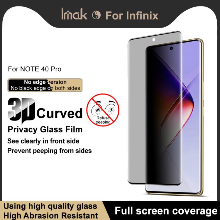 For Infinix Note 40 Pro imak No Edge Version 3D Curved Privacy Full Screen Tempered Glass Film
