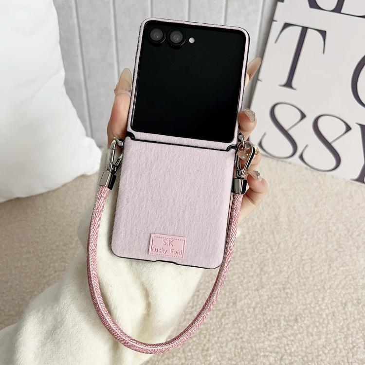 For Samsung Galaxy Z Flip7 5G / Flip7 FE Nameplate Style Plush Side Buckle Phone Case with Strap
