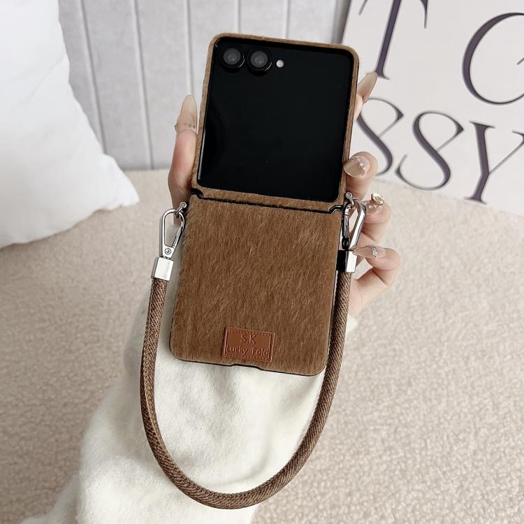For Samsung Galaxy Z Flip7 5G / Flip7 FE Nameplate Style Plush Side Buckle Phone Case with Strap