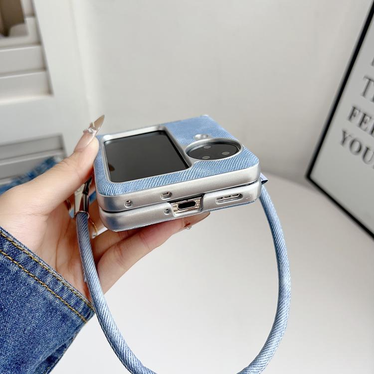 For OPPO Find N2 Flip Silver Edge Side Buckle Denim Textured MagSafe Magnetic Phone Case