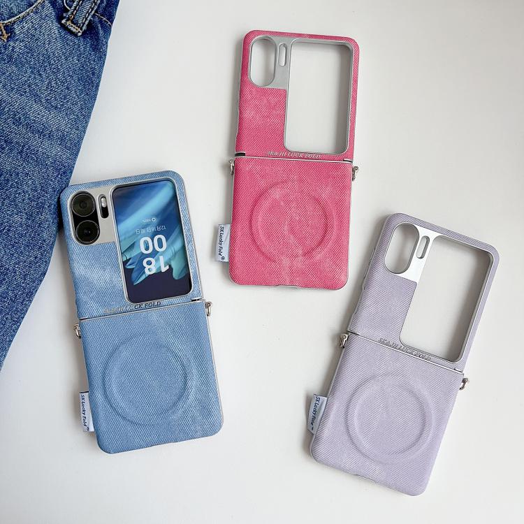For OPPO Find N2 Flip Silver Edge Side Buckle Denim Textured MagSafe Magnetic Phone Case