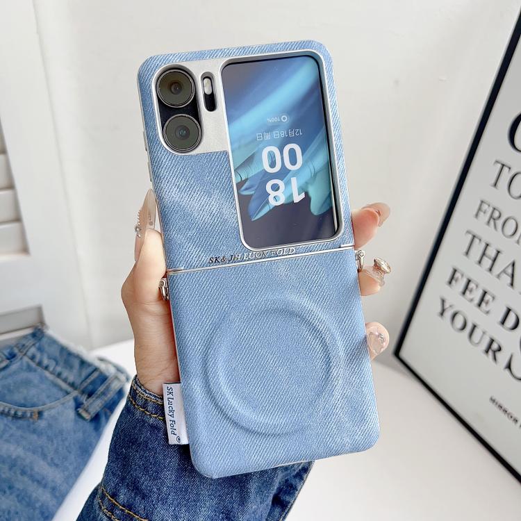 For OPPO Find N2 Flip Silver Edge Side Buckle Denim Textured MagSafe Magnetic Phone Case