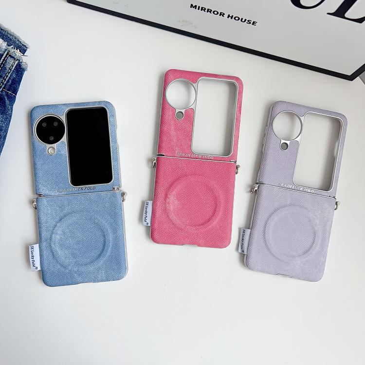 For OPPO Find N3 Flip Silver Edge Side Buckle Denim Textured MagSafe Magnetic Phone Case