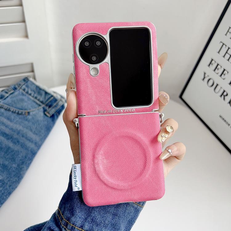 For OPPO Find N3 Flip Silver Edge Side Buckle Denim Textured MagSafe Magnetic Phone Case