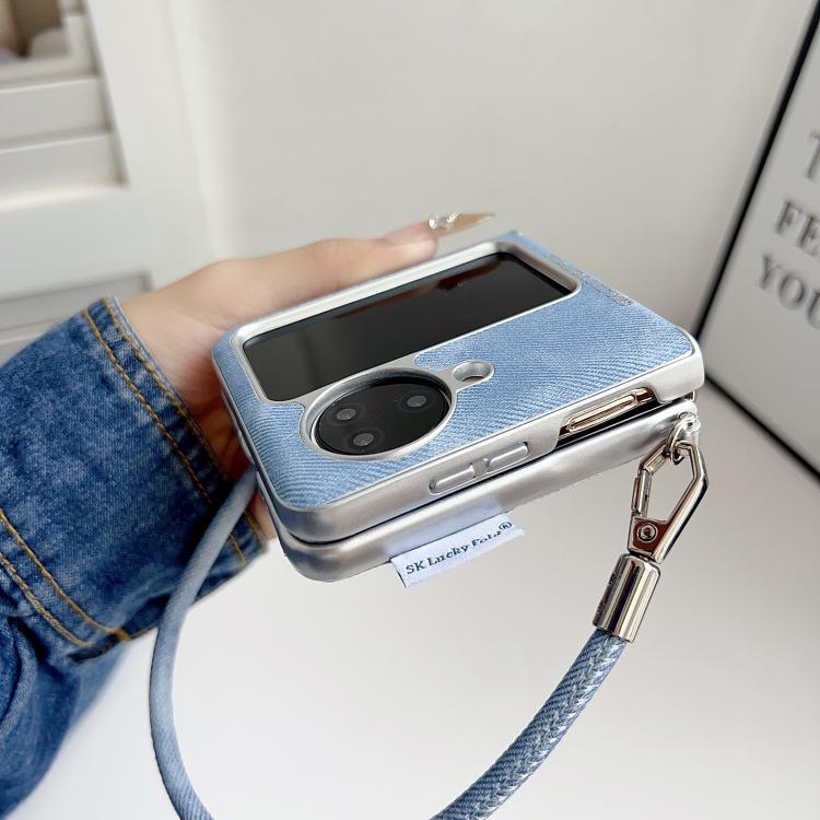 For OPPO Find N3 Flip Silver Edge Side Buckle Denim Textured MagSafe Magnetic Phone Case