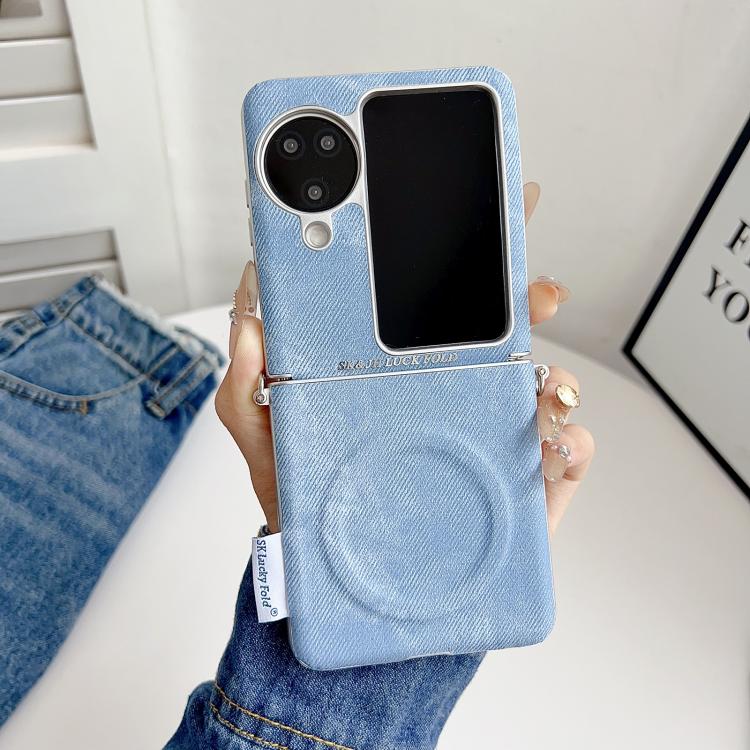 For OPPO Find N3 Flip Silver Edge Side Buckle Denim Textured MagSafe Magnetic Phone Case