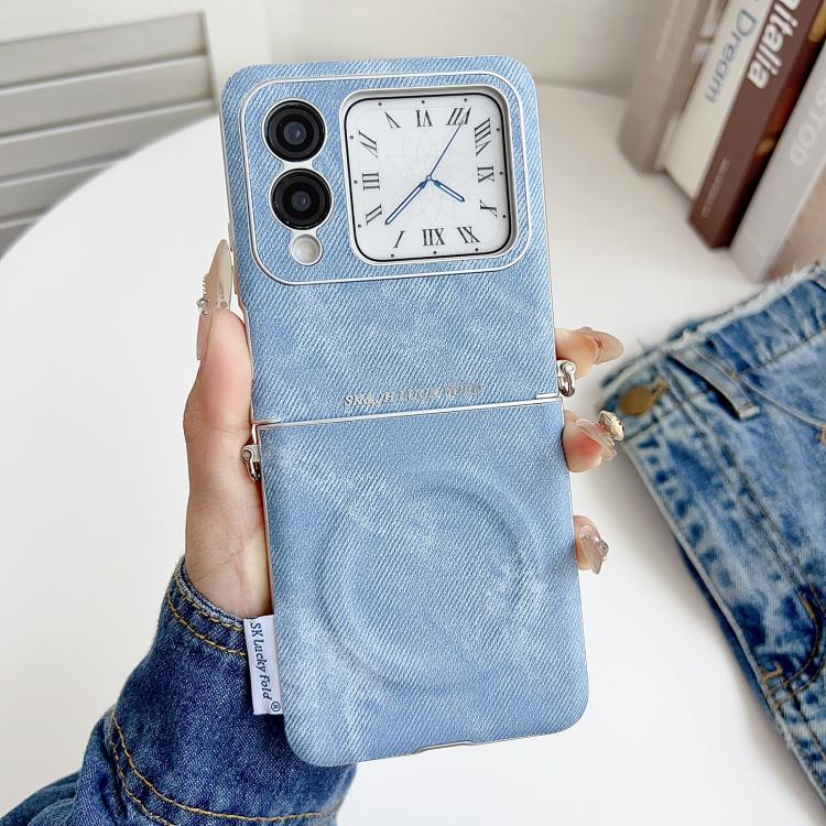 For Huawei nova Flip Silver Edge Side Buckle Denim Textured MagSafe Magnetic Phone Case