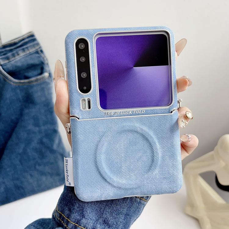For Huawei Pura X Silver Edge Side Buckle Denim Textured MagSafe Magnetic Phone Case