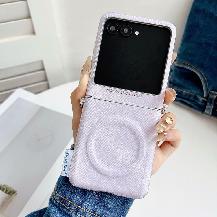 For Motorola Razr 50 Ultra / 60 Pro Silver Edge Side Buckle Denim Textured MagSafe Magnetic Phone Case