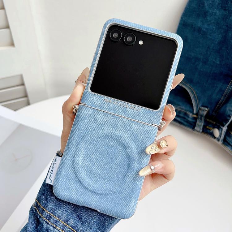 For Motorola Razr 50 Ultra / 60 Pro Silver Edge Side Buckle Denim Textured MagSafe Magnetic Phone Case
