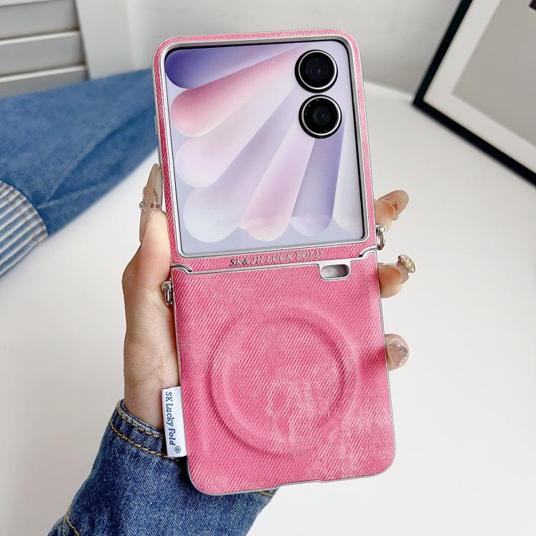 For Honor Magic V Flip Silver Edge Side Buckle Denim Textured MagSafe Magnetic Phone Case