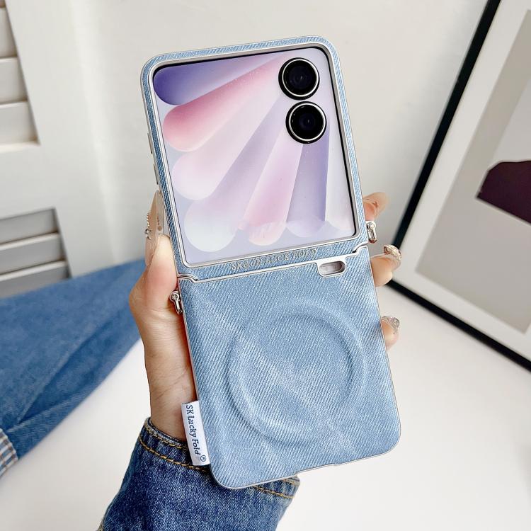 For Honor Magic V Flip Silver Edge Side Buckle Denim Textured MagSafe Magnetic Phone Case
