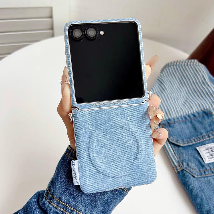 For Samsung Galaxy Z Flip7 5G Silver Edge Side Buckle Denim Textured MagSafe Magnetic Phone Case