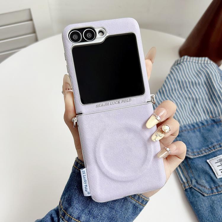 For Samsung Galaxy Z Flip6 5G / Flip7 FE Silver Edge Side Buckle Denim Textured MagSafe Magnetic Phone Case