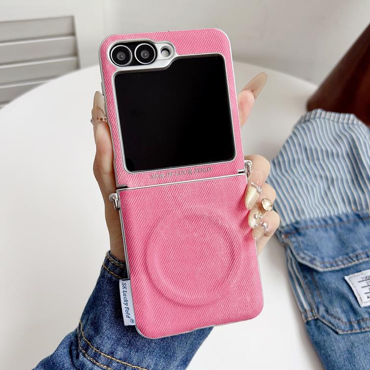 For Samsung Galaxy Z Flip6 5G / Flip7 FE Silver Edge Side Buckle Denim Textured MagSafe Magnetic Phone Case