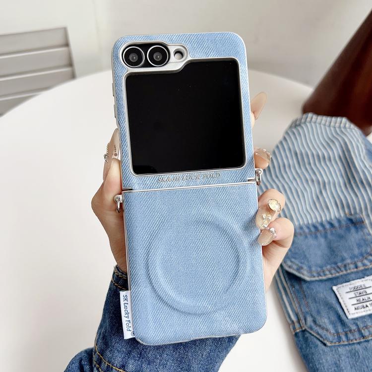 For Samsung Galaxy Z Flip6 5G / Flip7 FE Silver Edge Side Buckle Denim Textured MagSafe Magnetic Phone Case