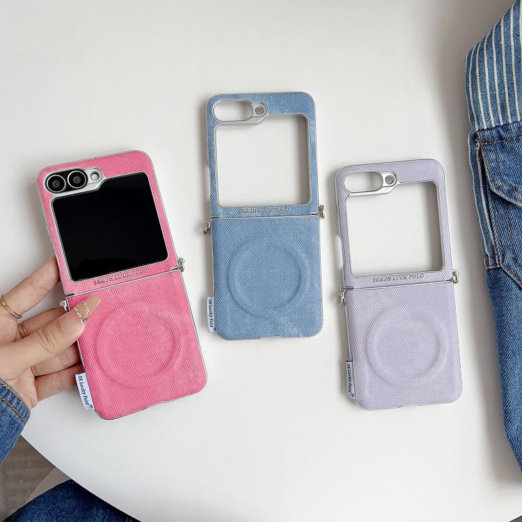 For Samsung Galaxy Z Flip6 5G / Flip7 FE Silver Edge Side Buckle Denim Textured MagSafe Magnetic Phone Case