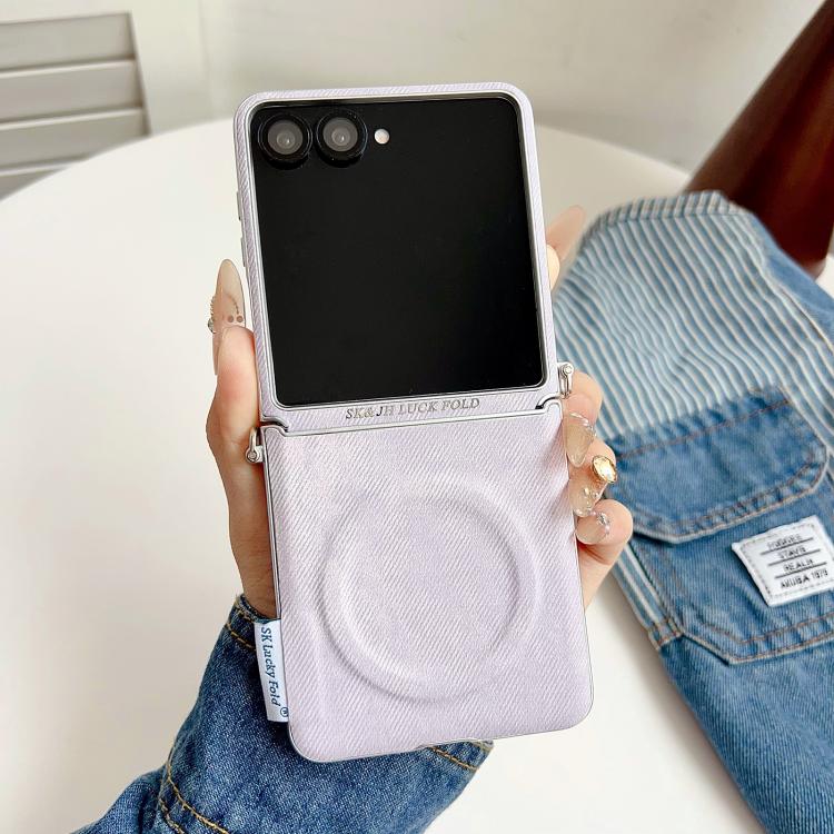 For Samsung Galaxy Z Flip5 5G Silver Edge Side Buckle Denim Textured MagSafe Magnetic Phone Case