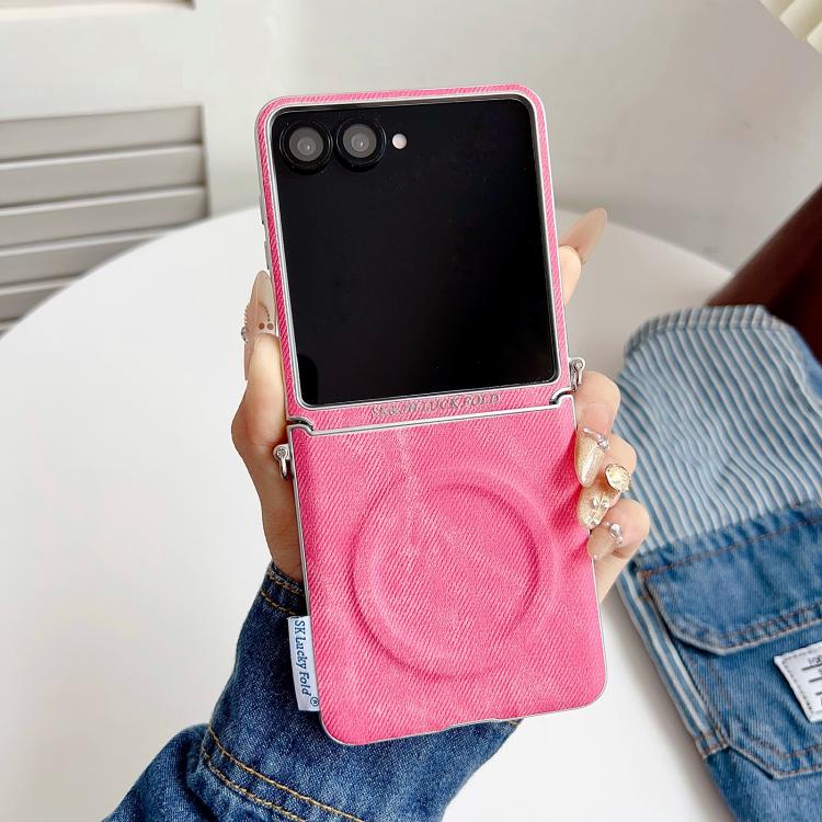 For Samsung Galaxy Z Flip5 5G Silver Edge Side Buckle Denim Textured MagSafe Magnetic Phone Case