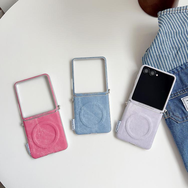 For Samsung Galaxy Z Flip5 5G Silver Edge Side Buckle Denim Textured MagSafe Magnetic Phone Case