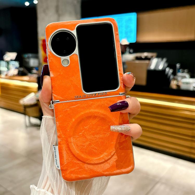 For OPPO Find N3 Flip Nameplate Style Silver Edge Side Buckle Shimmering Velvet MagSafe Magnetic Phone Case - Orange