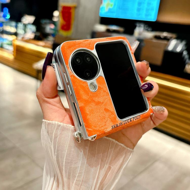 For OPPO Find N3 Flip Nameplate Style Silver Edge Side Buckle Shimmering Velvet MagSafe Magnetic Phone Case - Orange