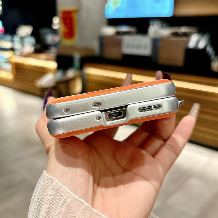 For OPPO Find N3 Flip Nameplate Style Silver Edge Side Buckle Shimmering Velvet MagSafe Magnetic Phone Case - Orange