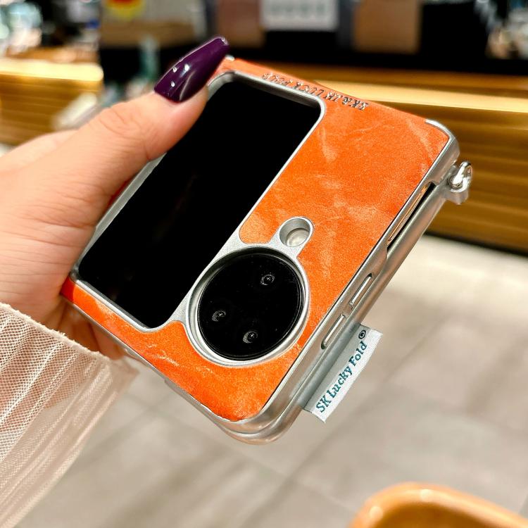 For OPPO Find N3 Flip Nameplate Style Silver Edge Side Buckle Shimmering Velvet MagSafe Magnetic Phone Case - Orange