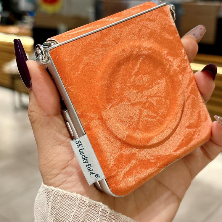 For OPPO Find N3 Flip Nameplate Style Silver Edge Side Buckle Shimmering Velvet MagSafe Magnetic Phone Case - Orange