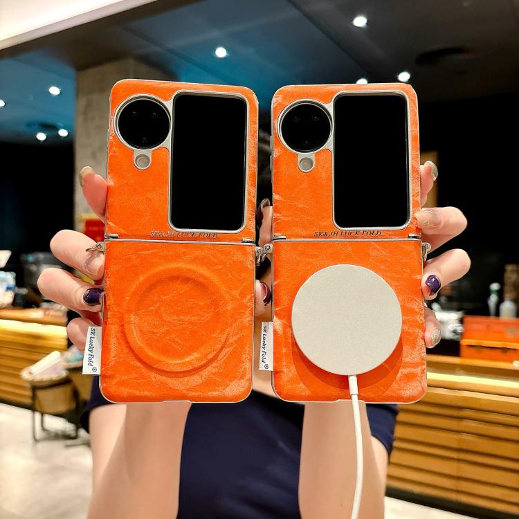 For OPPO Find N3 Flip Nameplate Style Silver Edge Side Buckle Shimmering Velvet MagSafe Magnetic Phone Case - Orange