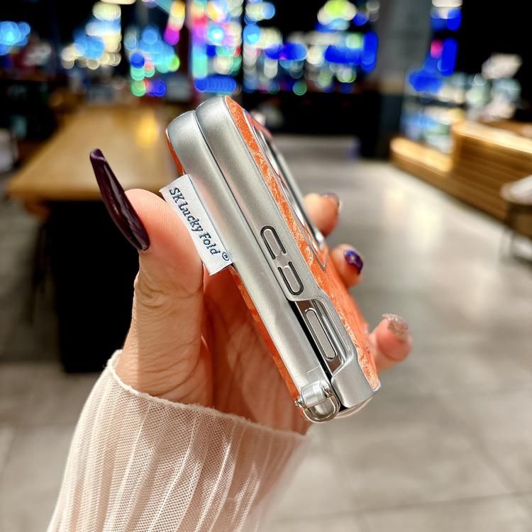 For Huawei nova Flip S Nameplate Style Silver Edge Side Buckle Shimmering Velvet MagSafe Magnetic Phone Case - Orange