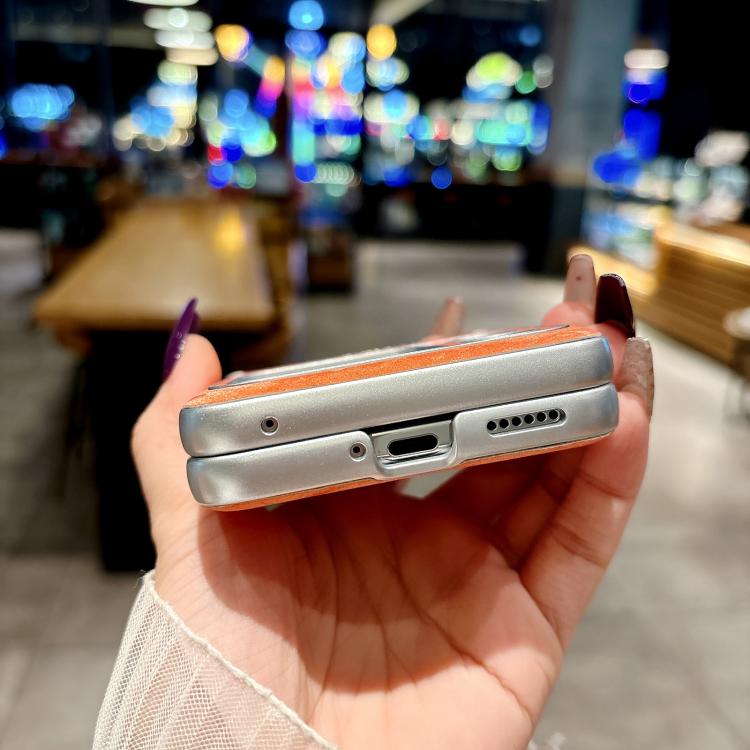 For Huawei nova Flip S Nameplate Style Silver Edge Side Buckle Shimmering Velvet MagSafe Magnetic Phone Case - Orange