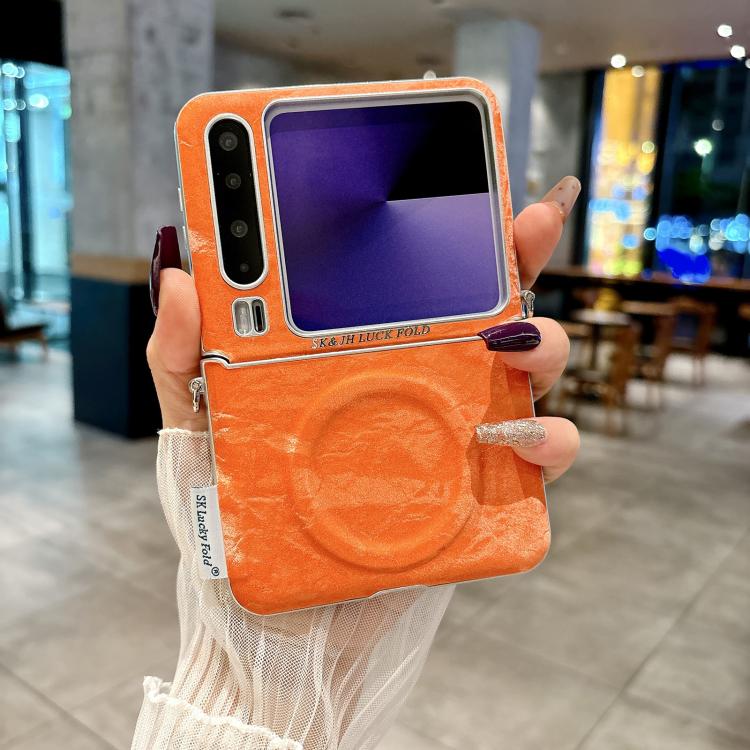 For Huawei Pura X Nameplate Style Silver Edge Side Buckle Shimmering Velvet MagSafe Magnetic Phone Case - Orange
