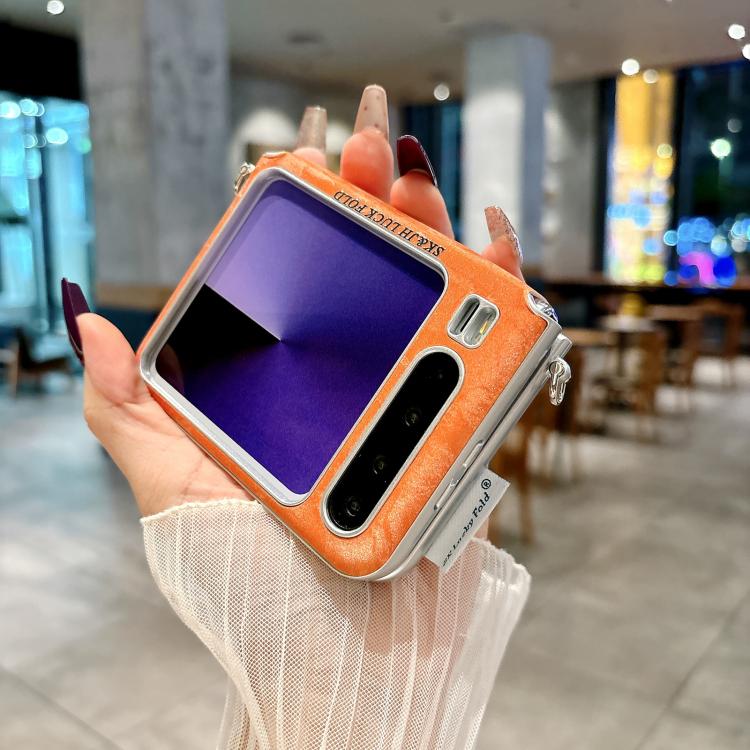 For Huawei Pura X Nameplate Style Silver Edge Side Buckle Shimmering Velvet MagSafe Magnetic Phone Case - Orange