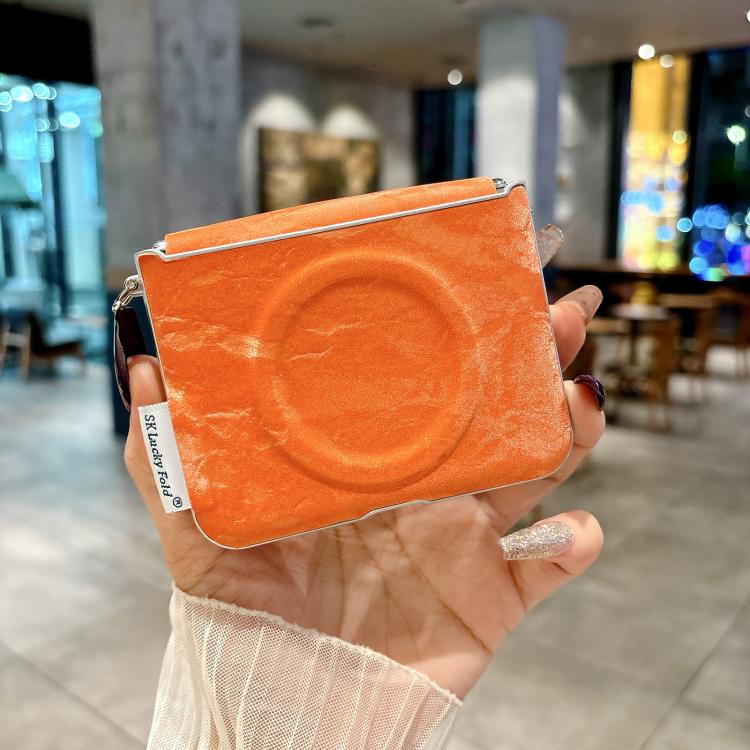 For Huawei Pura X Nameplate Style Silver Edge Side Buckle Shimmering Velvet MagSafe Magnetic Phone Case - Orange