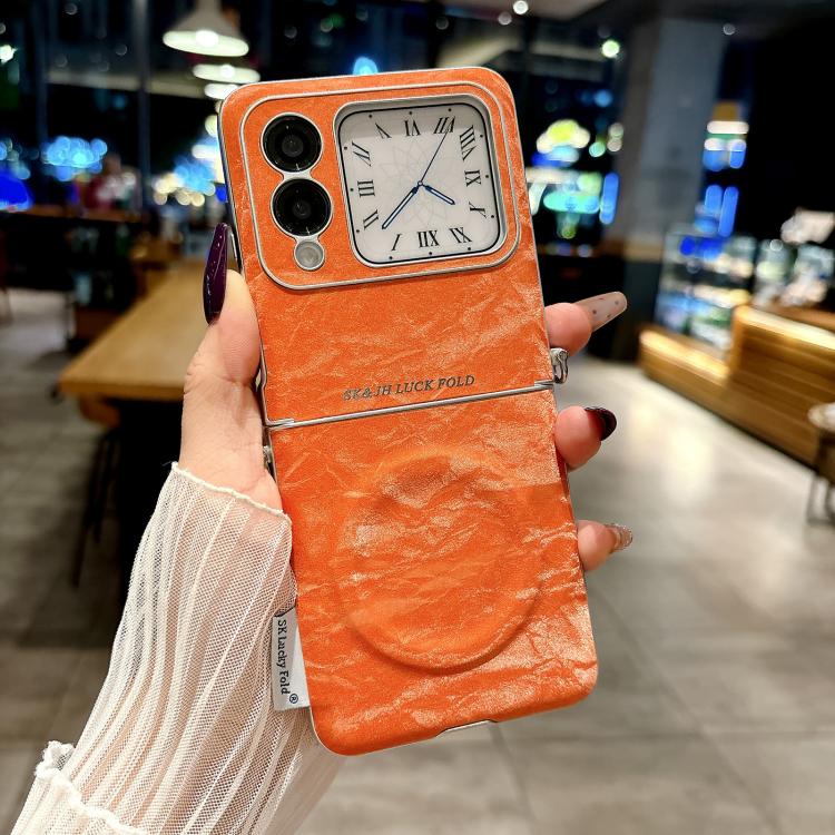 For Huawei nova Flip Nameplate Style Silver Edge Side Buckle Shimmering Velvet MagSafe Magnetic Phone Case - Orange