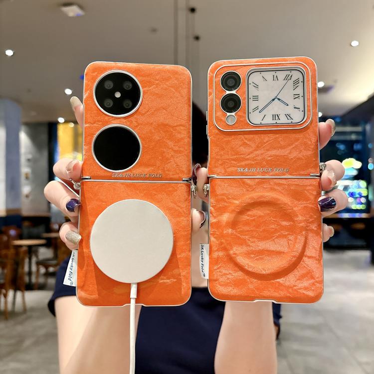 For Huawei nova Flip Nameplate Style Silver Edge Side Buckle Shimmering Velvet MagSafe Magnetic Phone Case - Orange