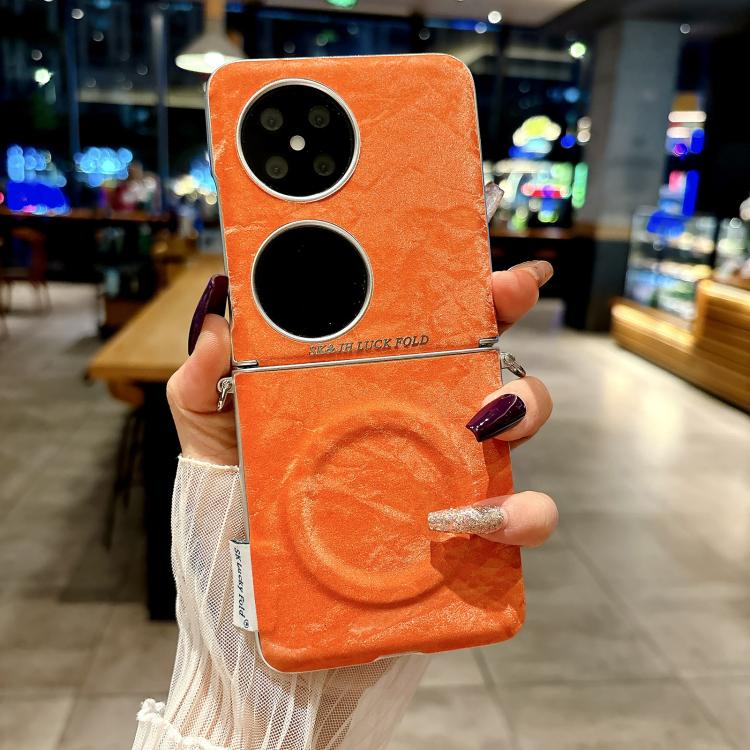 For Huawei Pocket 2 Nameplate Style Silver Edge Side Buckle Shimmering Velvet MagSafe Magnetic Phone Case - Orange