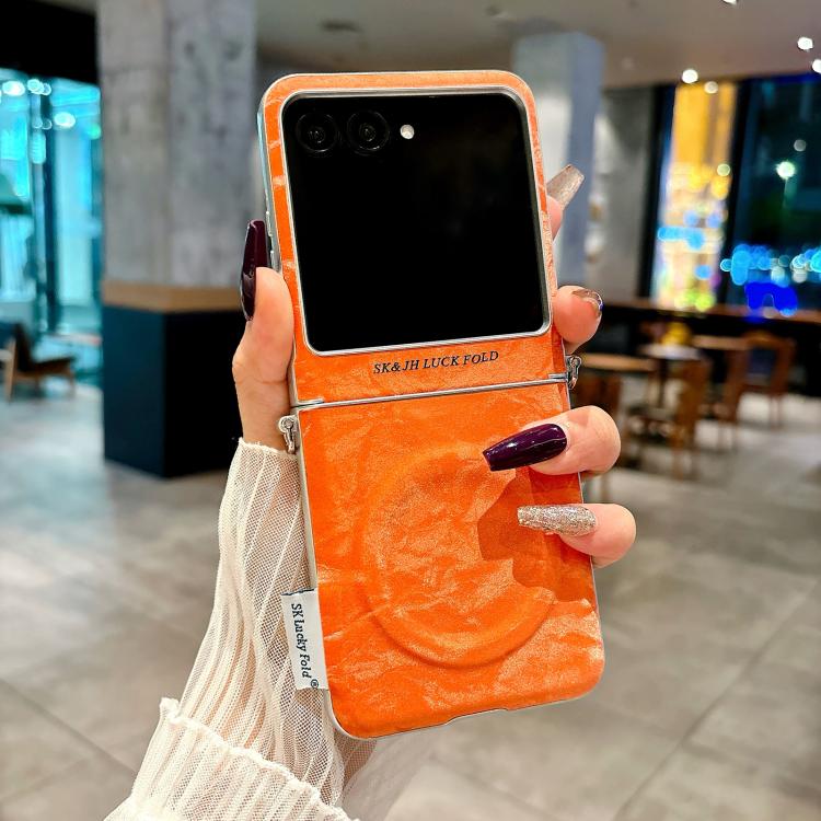 For Motorola Razr 60 Ultra Nameplate Style Silver Edge Side Buckle Shimmering Velvet MagSafe Magnetic Phone Case - Orange