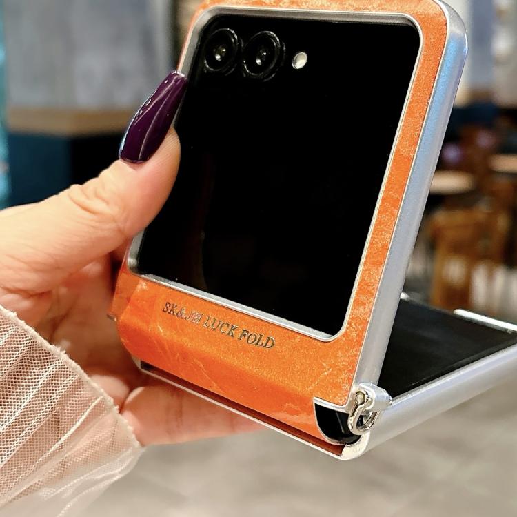 For Motorola Razr 60 Ultra Nameplate Style Silver Edge Side Buckle Shimmering Velvet MagSafe Magnetic Phone Case - Orange