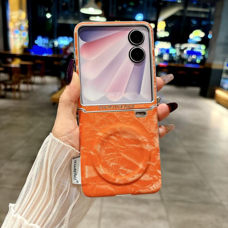 For Honor Magic V Flip 2 Nameplate Style Silver Edge Side Buckle Shimmering Velvet MagSafe Magnetic Phone Case - Orange