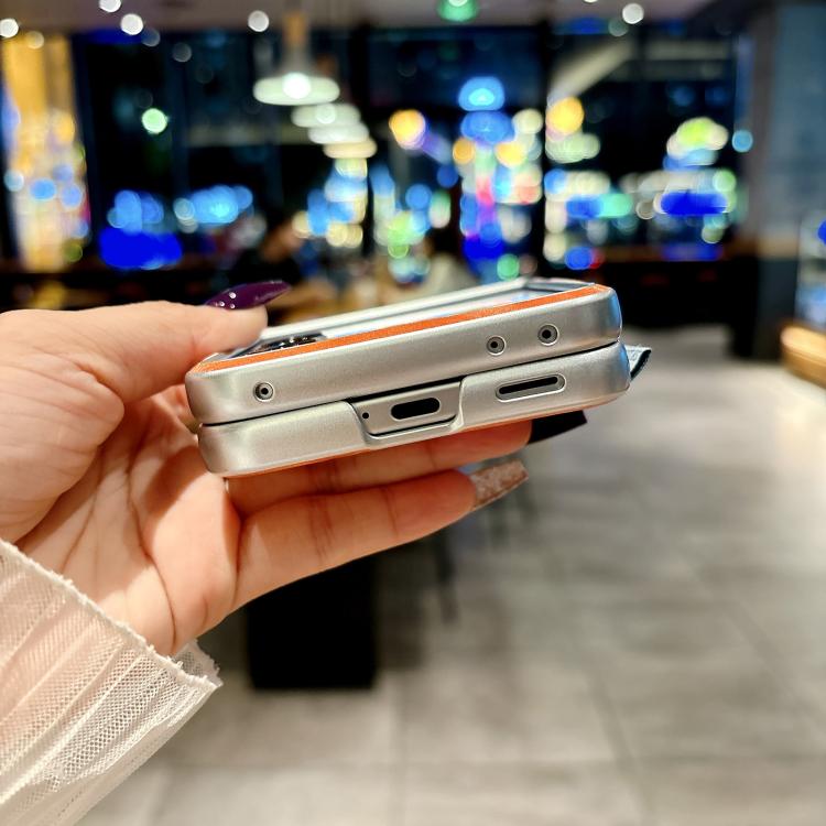 For Honor Magic V Flip 2 Nameplate Style Silver Edge Side Buckle Shimmering Velvet MagSafe Magnetic Phone Case - Orange