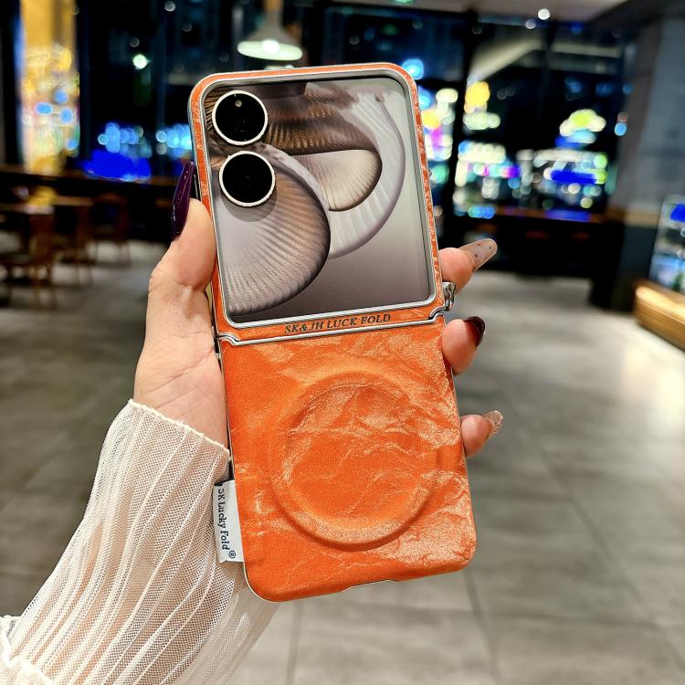 For Xiaomi Mix Flip 2 Nameplate Style Silver Edge Side Buckle Shimmering Velvet MagSafe Magnetic Phone Case - Orange