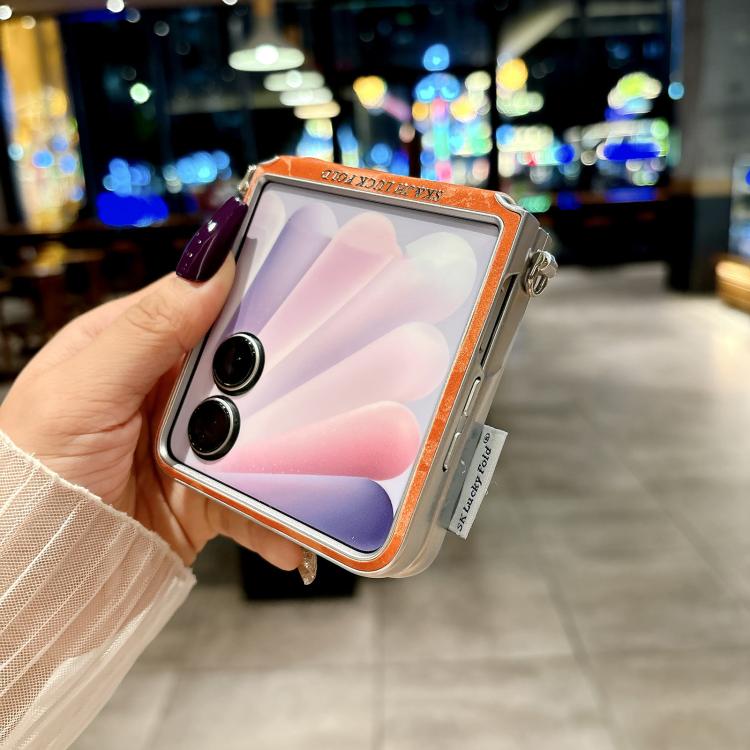 For Xiaomi Mix Flip 2 Nameplate Style Silver Edge Side Buckle Shimmering Velvet MagSafe Magnetic Phone Case - Orange
